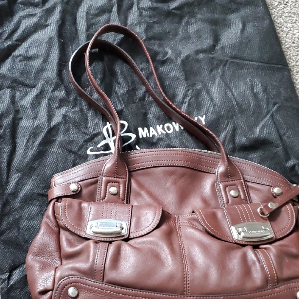 b. makowsky Brown Leather Double Flap Shoulder Bag